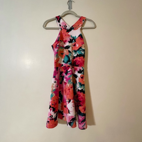 Aqua Floral V-Neck Skater Dress (Scuba material) - Picture 2 of 5